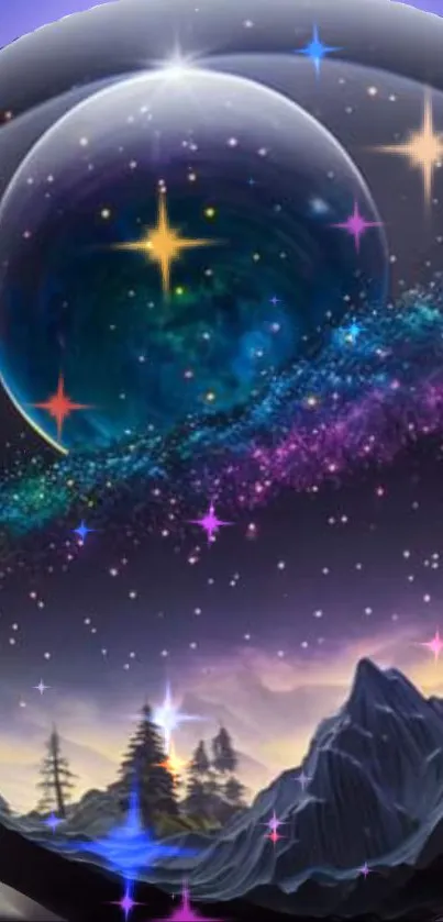 Cosmic galaxy wallpaper with stars and celestial landscape.