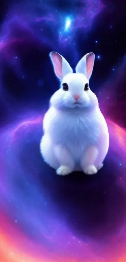 White rabbit sitting in a colorful cosmic galaxy background.