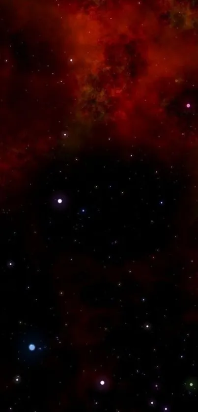 A mobile wallpaper of a cosmic red nebula with bright stars in a dark space.