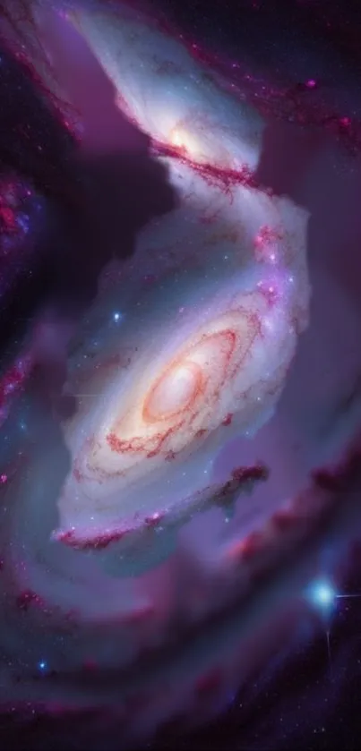 Purple galaxy swirl with stars in cosmic wallpaper.