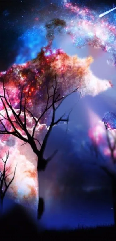 Vibrant cosmic galaxy tree with colorful nebula background.