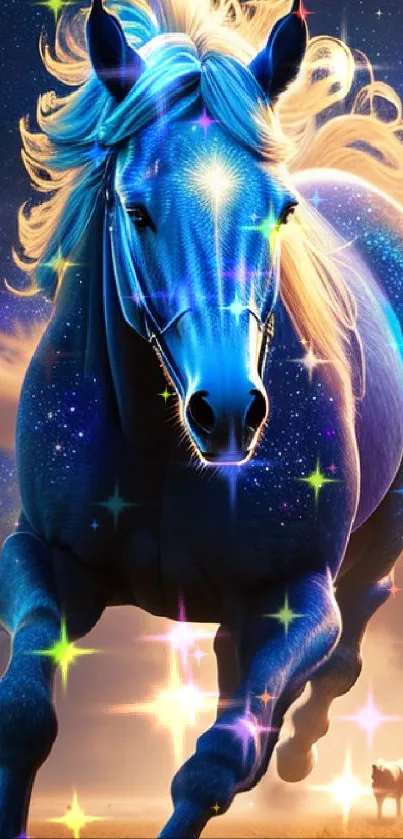 A cosmic blue horse gallops under a starry sky with vibrant colors.