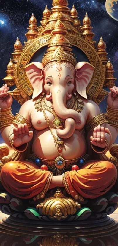 Cosmic Ganesha in space with celestial planets and divine aura.