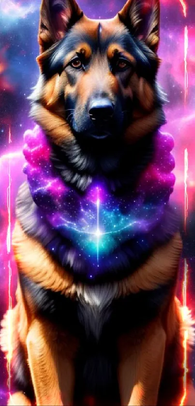 German Shepherd in a cosmic galaxy-themed design with purple hues.