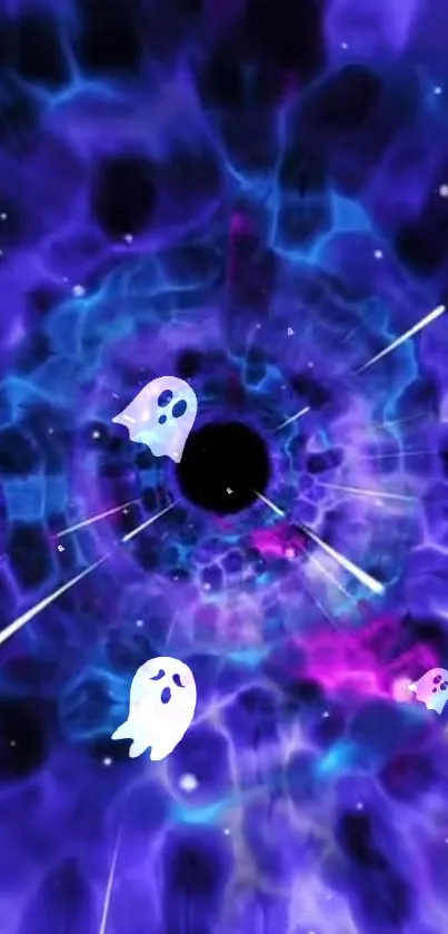 Purple cosmic wallpaper with ghostly figures in swirling space vortex.