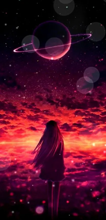 A silhouetted girl gazes at a planet in a red and purple cosmic sky.