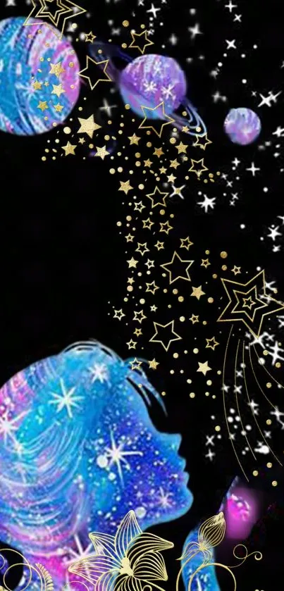 Cosmic fantasy art with girl silhouette and starry sky on mobile wallpaper.