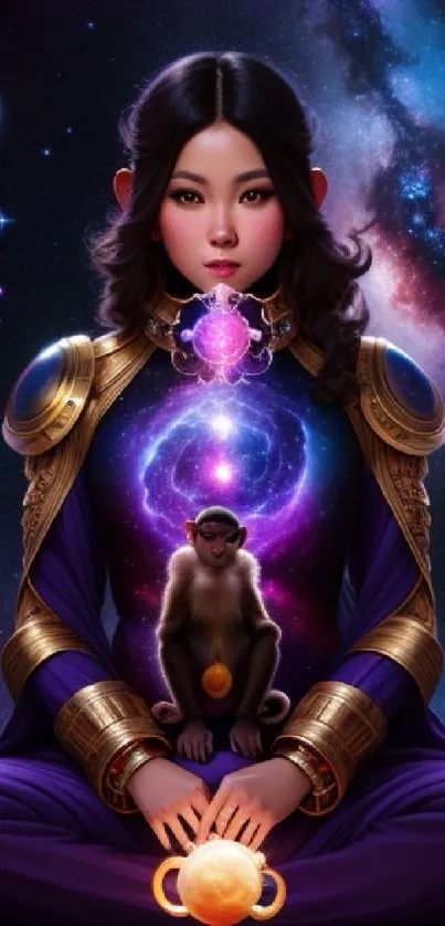 Cosmic girl holding galaxy with monkey, set against a starry sky and colorful nebula.