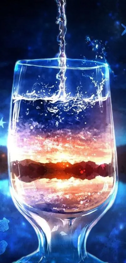 Beautiful cosmic twilight glass wallpaper with vibrant sunset reflection.