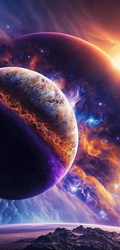 Vibrant cosmic wallpaper with glowing planets and nebulae.