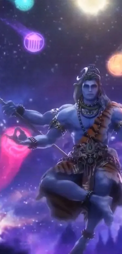 A cosmic wallpaper featuring Lord Shiva in a celestial purple setting.