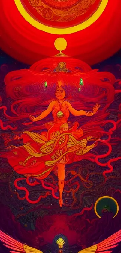 Vibrant cosmic goddess abstract art in red and gold hues.