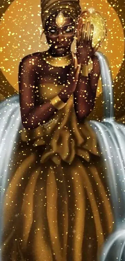 Cosmic goddess in golden hues with flowing waters.