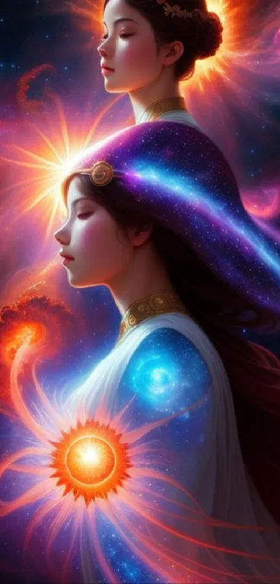 Fantasy cosmic artwork of a mystical goddess, filled with vibrant colors and celestial themes.