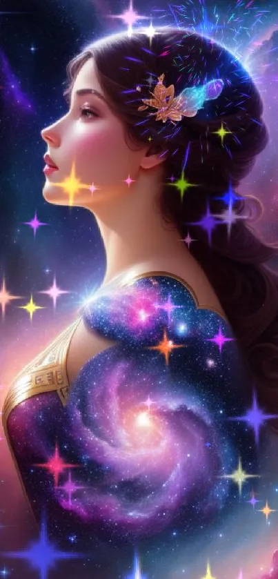 Elegant cosmic goddess with galaxy backdrop in vibrant colors.