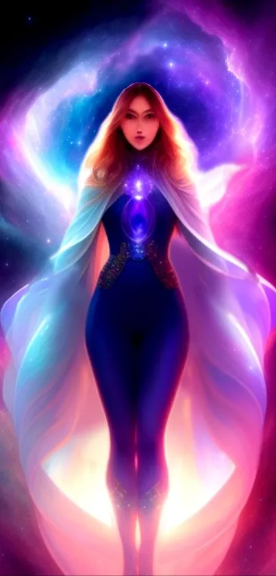 Cosmic goddess surrounded by vibrant nebula on mobile wallpaper.