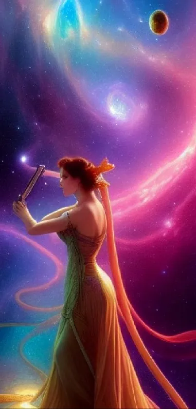 Cosmic scene with a goddess holding a book in vibrant purple hues.