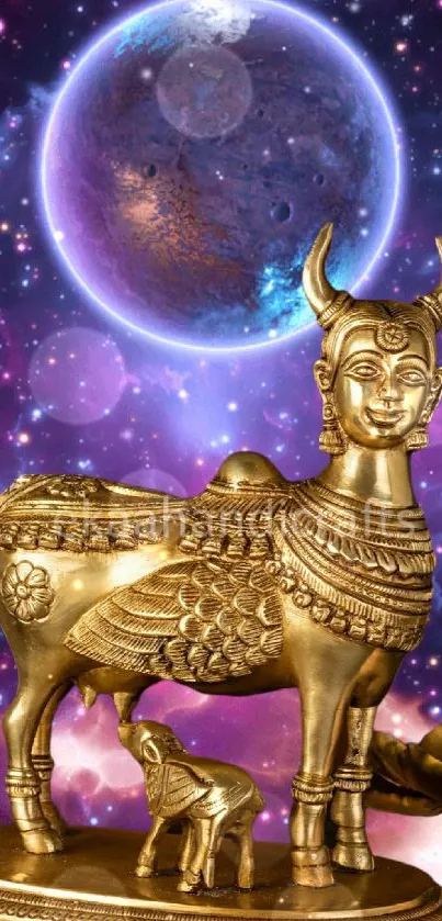 Golden bull sculpture with cosmic galaxy background.