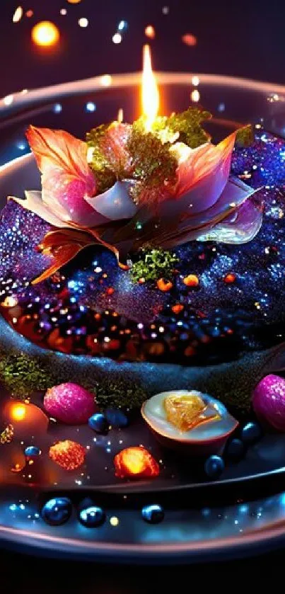 A galaxy-themed dish with vibrant colors and floral centerpiece.