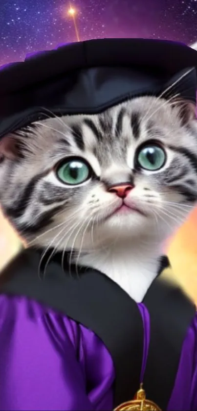 Cat in graduation cap with a cosmic background.