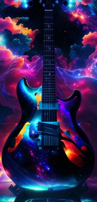 Vibrant cosmic guitar art with colorful space background.