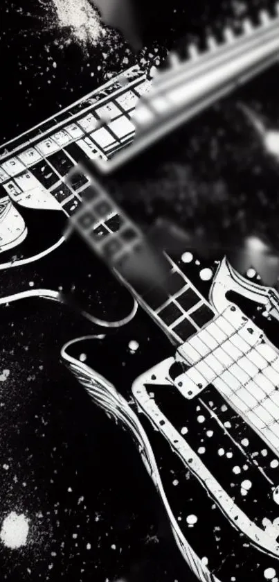 Black and white guitar with cosmic starry effect background.