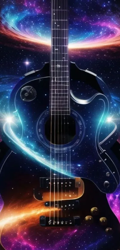 Electric guitar with swirling galaxy backdrop.