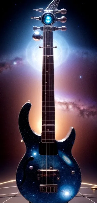 Cosmic guitar with galaxy and space-themed design on a dark background