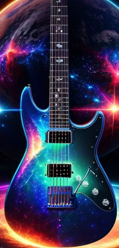 Electric guitar with cosmic galaxy background, vibrant and colorful.