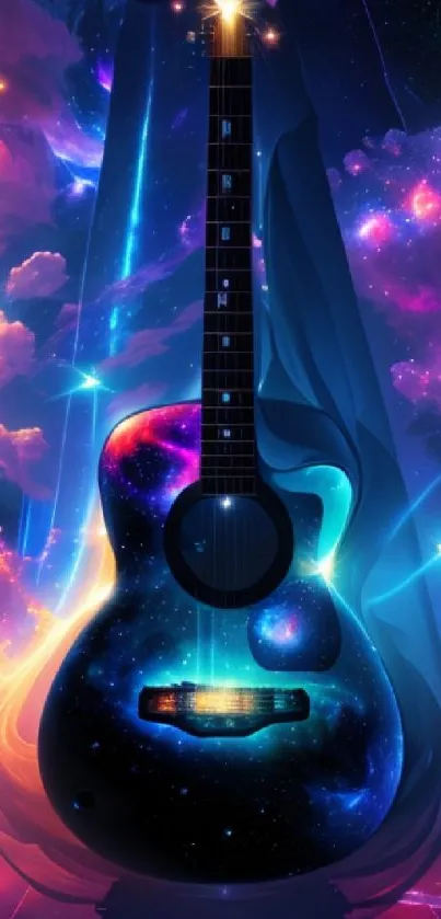 Colorful cosmic guitar with nebula backdrop.