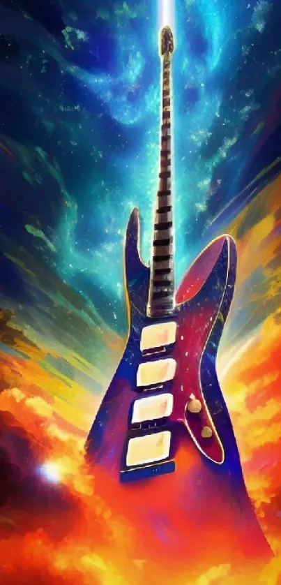 Electric guitar with cosmic and fiery colors background.