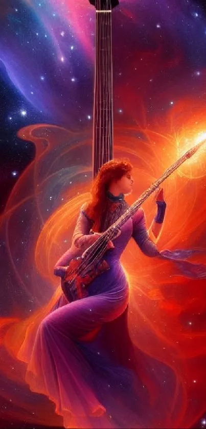 Ethereal cosmic guitarist in vivid colors and celestial backdrop.