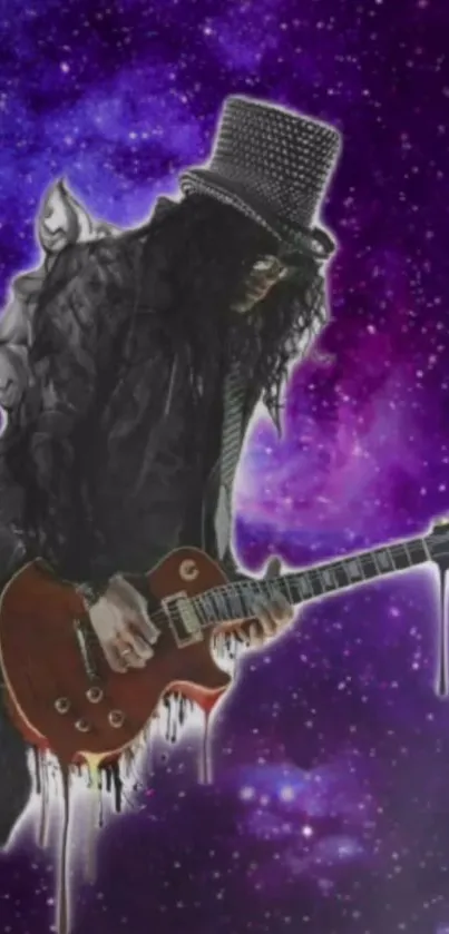 Mobile wallpaper with cosmic guitarist, purple galaxy background.