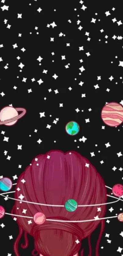 Stylized cosmic-themed hair with planets and stars on a black background.