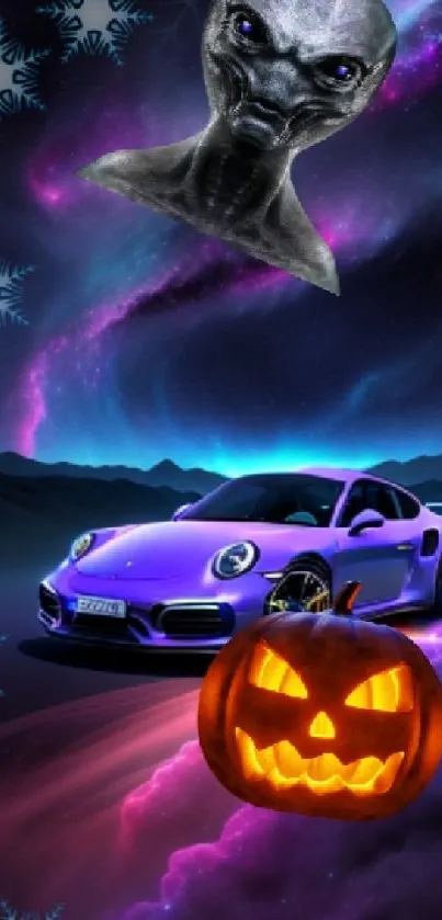 Surreal cosmic scene with car, alien, and pumpkin under a starry sky.