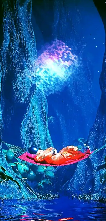 Fantasy hammock scene with glowing blue cliffs and pixelated light.