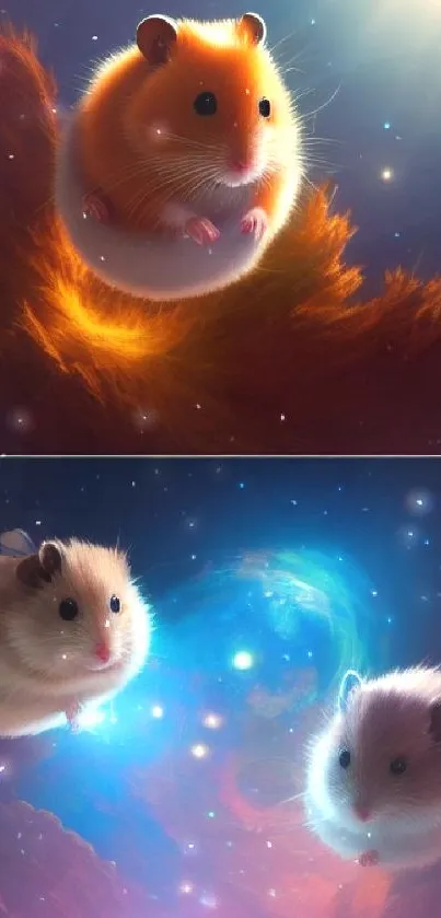 Two adorable hamsters float in a cosmic space scene with a playful sci-fi theme.