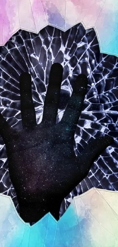 Silhouette of a hand over a galaxy-patterned wallpaper with vibrant colors.