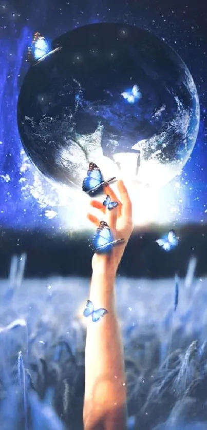 Hand reaching for a cosmic planet with blue butterflies in a starry night scene.