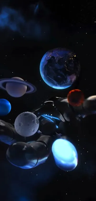 Floating planets in a cosmic hand on a dark background.