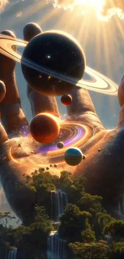 Surreal hand holding planets in space with celestial lighting.
