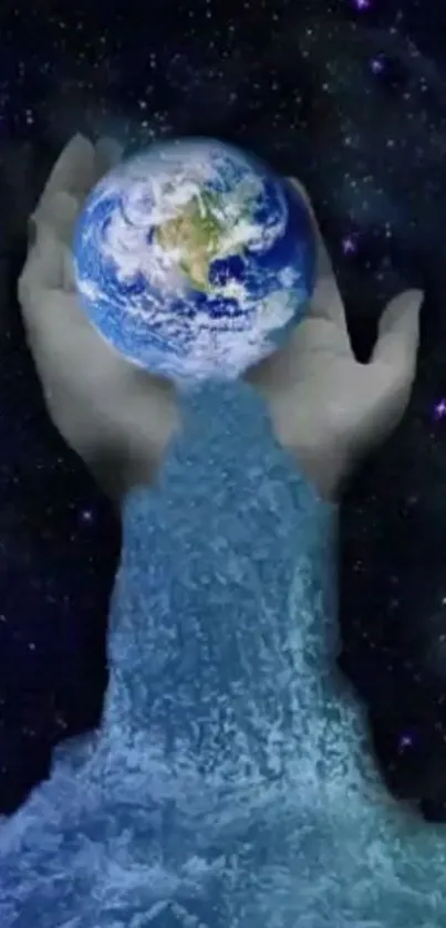 Hand holds Earth in a cosmic starry setting wallpaper.