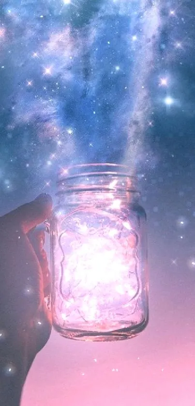 Hand holding a glowing jar under a starry night sky.