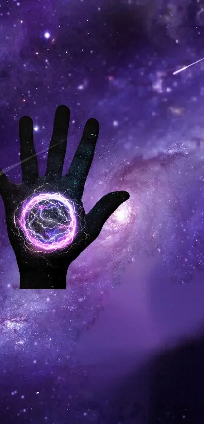 Cosmic hand against a purple galaxy backdrop.