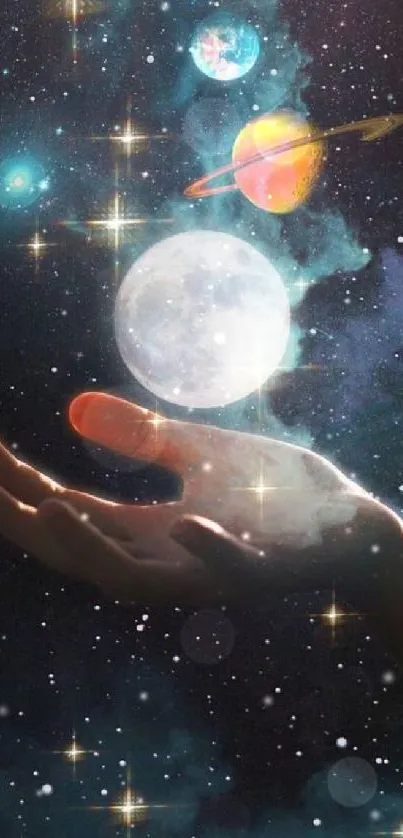 A hand reaching towards planets and stars in a galaxy-themed wallpaper.