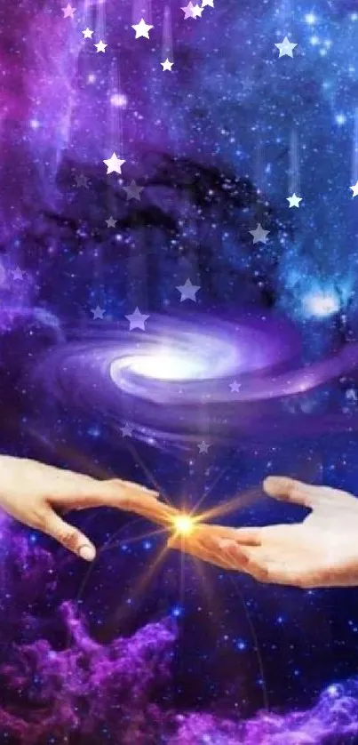 Vibrant cosmic wallpaper with hands reaching across a galaxy.