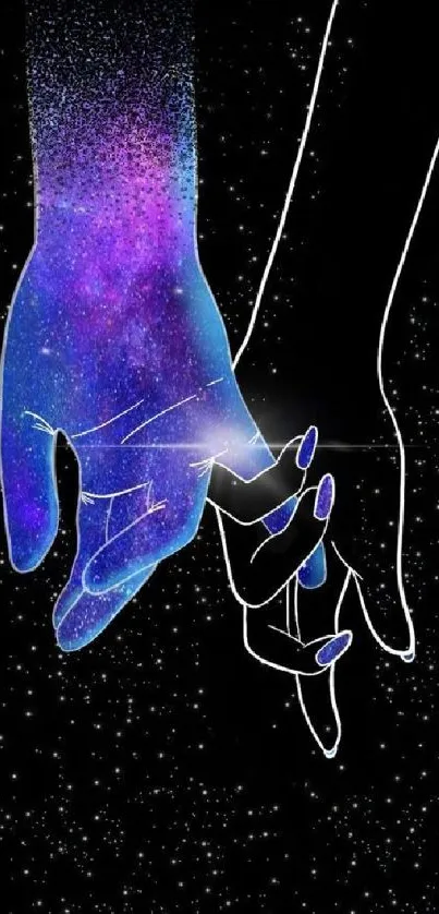 Cosmic hands holding in a starry galaxy design wallpaper.