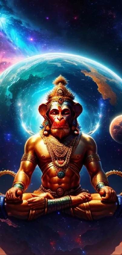 Cosmic Hanuman meditating among stars and planets, showcasing divine serenity.