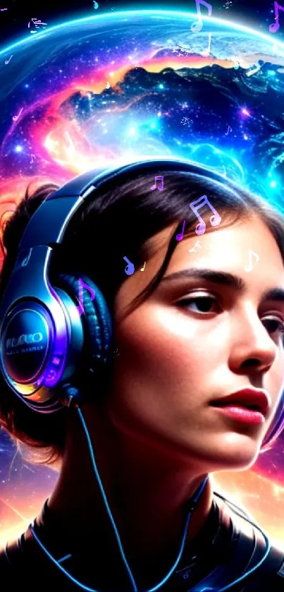 Futuristic woman with headphones against a cosmic backdrop art.