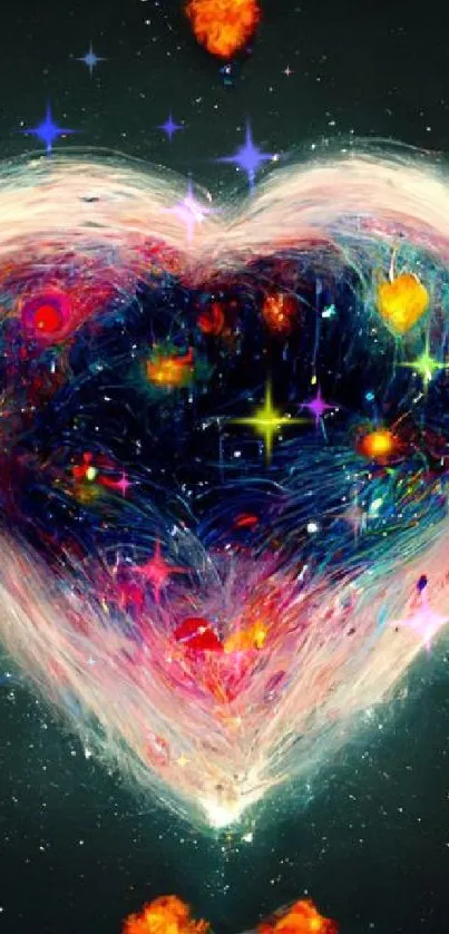 A cosmic heart art wallpaper with vibrant colors and celestial elements.